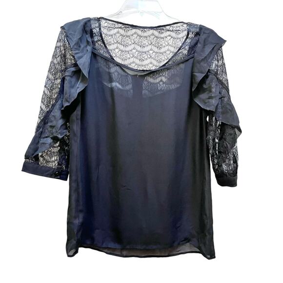 Rebecca Minkoff Black Silk Lace 3/4 Sleeve Henley Blouse Size 4 - Picture 5 of 12